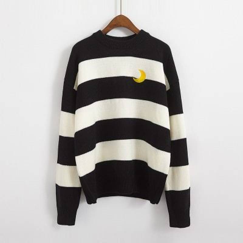 Sweaters College Candy Color Stripes Moon Sets Embroidery