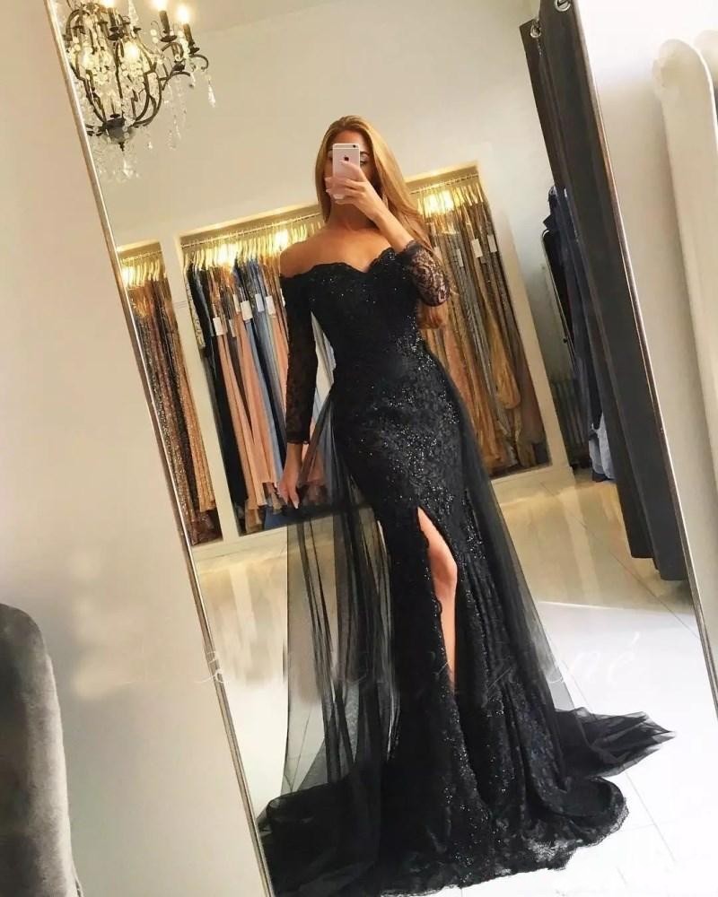 Black Muslim Evening Dresses 2022 Mermaid 3/4 Sleeves Lace Beaded Slit Tulle V-Neck Dubai Kaftan Saudi Arabic Long Evening Gown alx