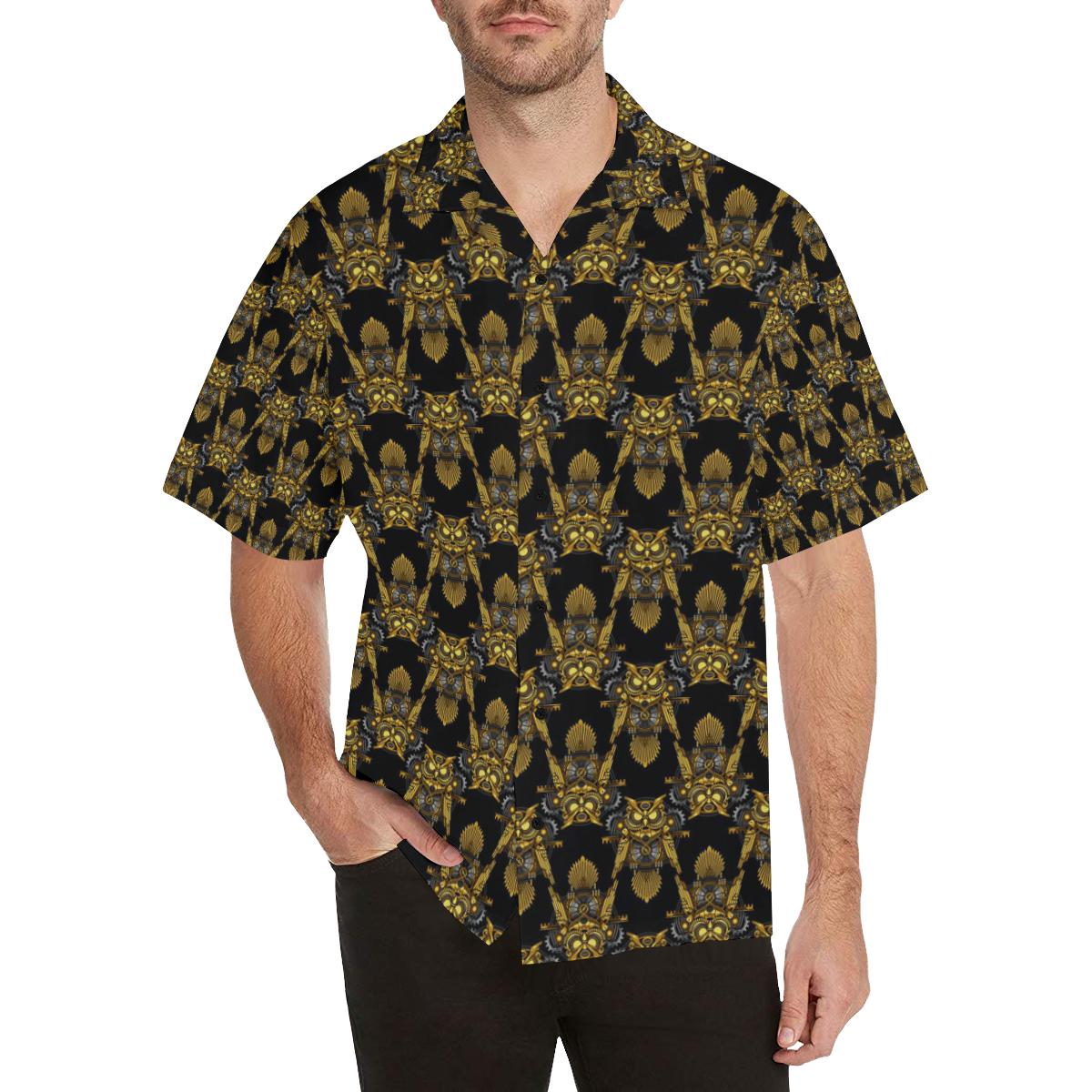 Steampunk Gold Owl Design Themed Print Hawaii Unisex Aloha Short Sleeve Casual Shirt Ha35029