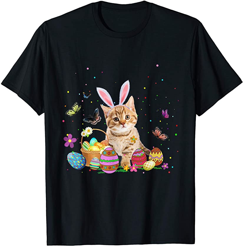 Cute Cat Bunny Egg Hunting Colorful Egg Happy Easter Day T-Shirt