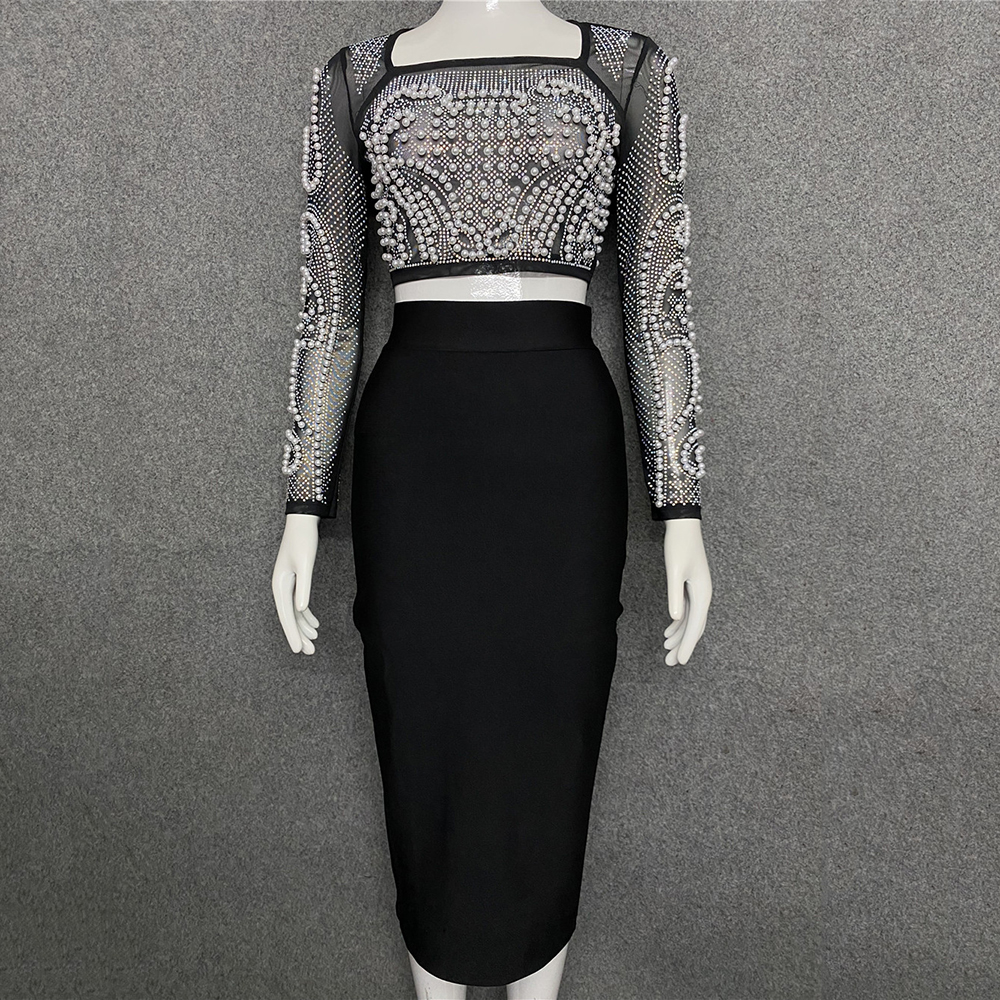 2021 New 2 Piece Set Beading Sexy Top Bandage Skirt Two Piece Sets Suits Women Autumn Winter Bodycon Clothes alx