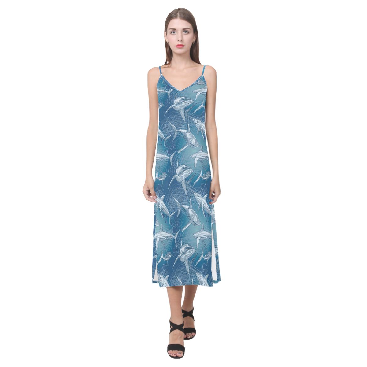 Shark hand drawn V-Neck Open Fork Long Dress