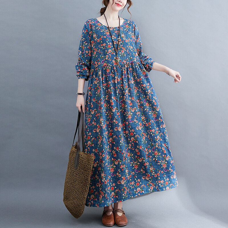 Long Sleeve Autumn Cotton Vintage Floral Blue Dresses Women Casual Loose Vestidos Elegant Ladies Dress Robe Femme Clothes 2021 alx