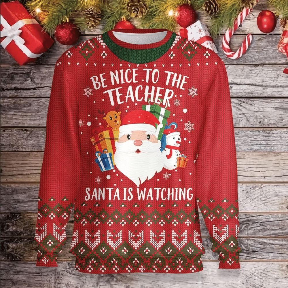 Unifinz Teacher Christmas Sweater Be Nice To Your Teacher Santa Is Watching Red Ugly Sweater 2022