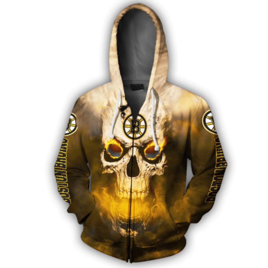 Men / Women New Design Boston Bruins Full Print 3D Skull Zipper Hoodie, Boston Bruins All Over Print Skull Apparel