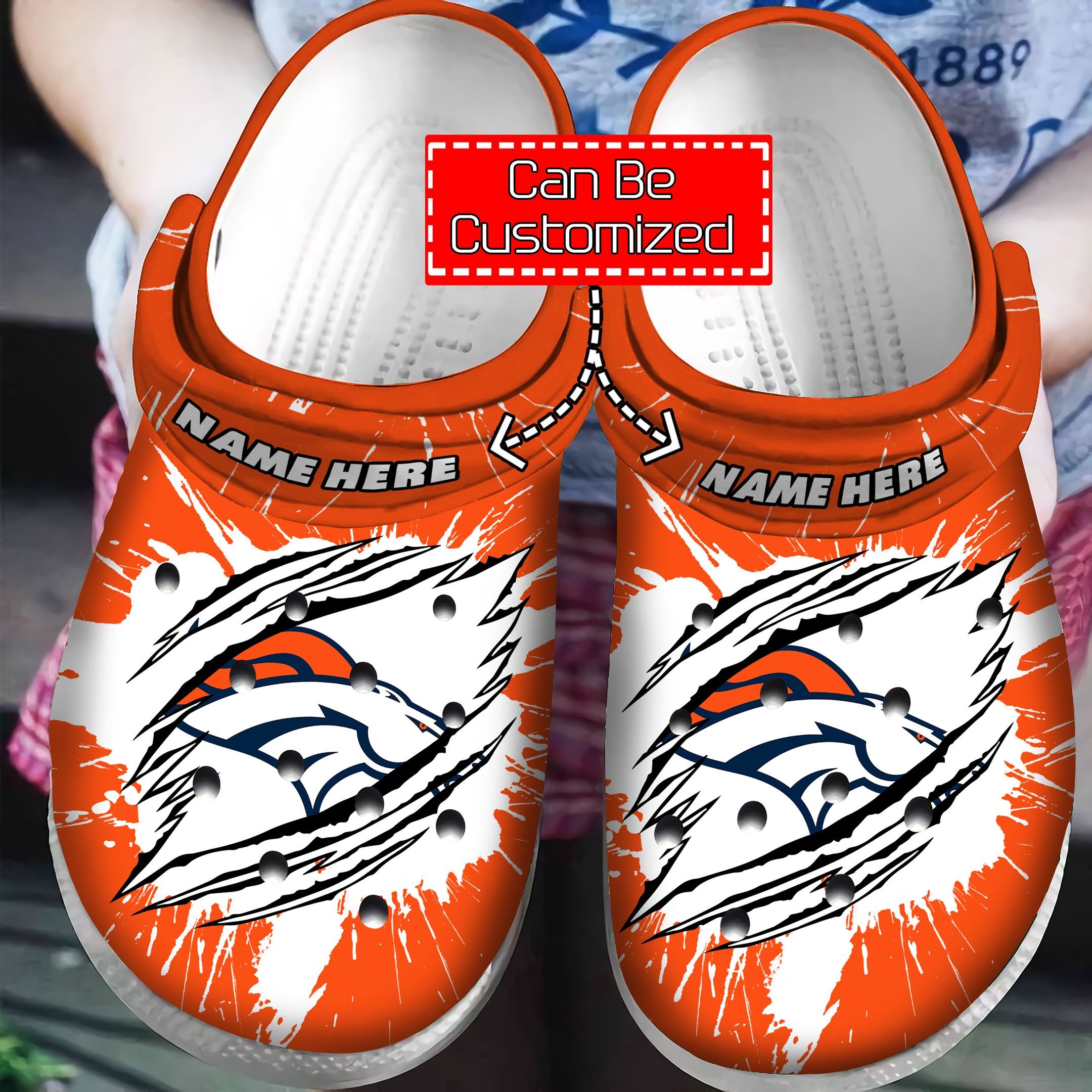 Personalized National Football Clogs – D.Broncos Football Ripped Through Clogband Clog