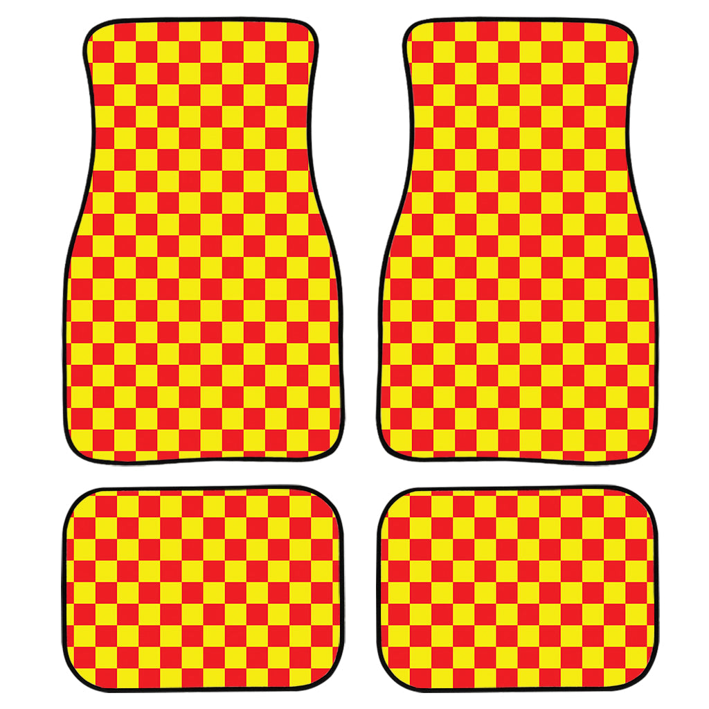 Red And Yellow Checkered Pattern Print Front And Back Car Floor Mats, Front Car Mat