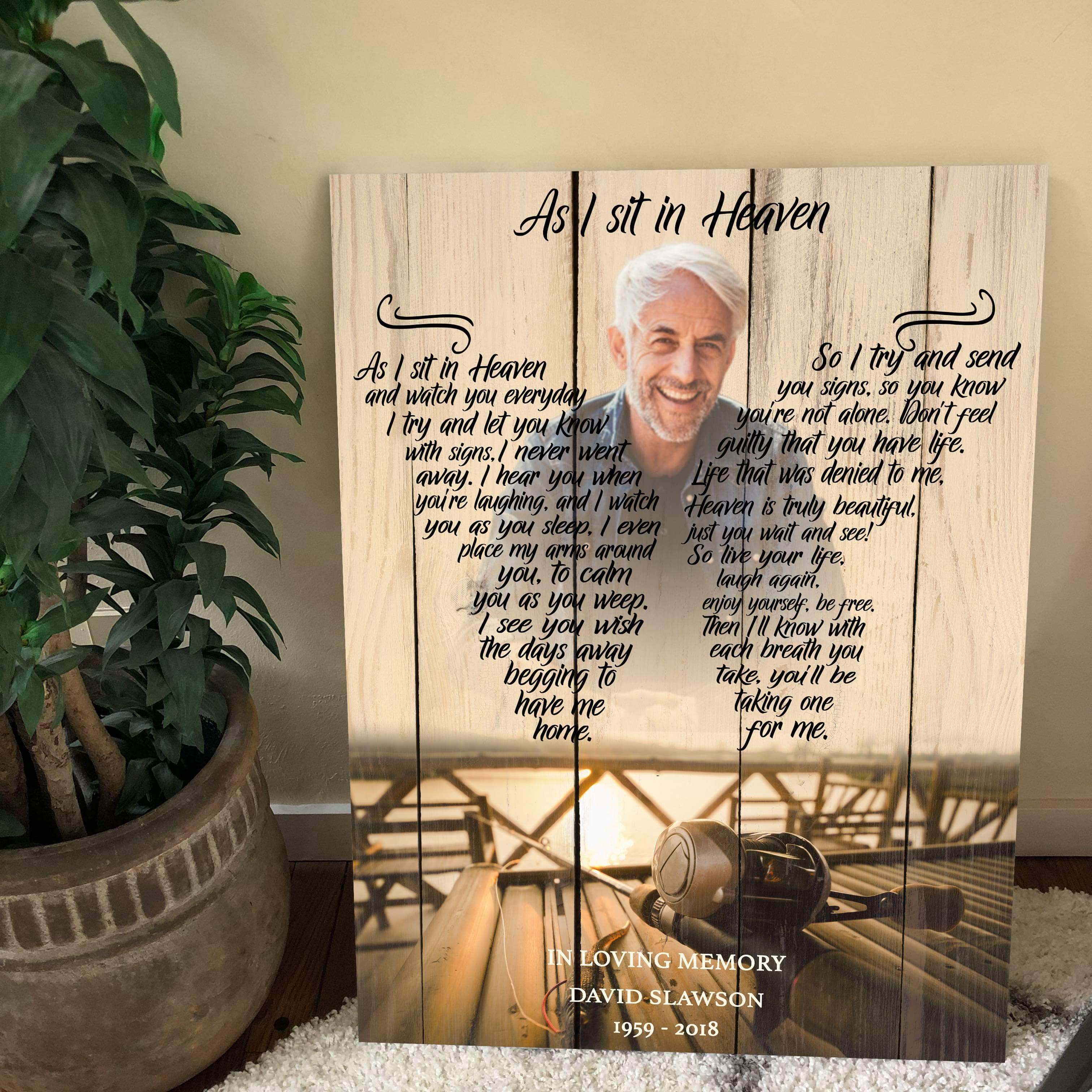 As I Sit In Heaven Fishing Background, Personalized Photo Memorial Poster Canvas, Gift For Family Gift for Remembrance Home Decor Wall Art Visual Arty