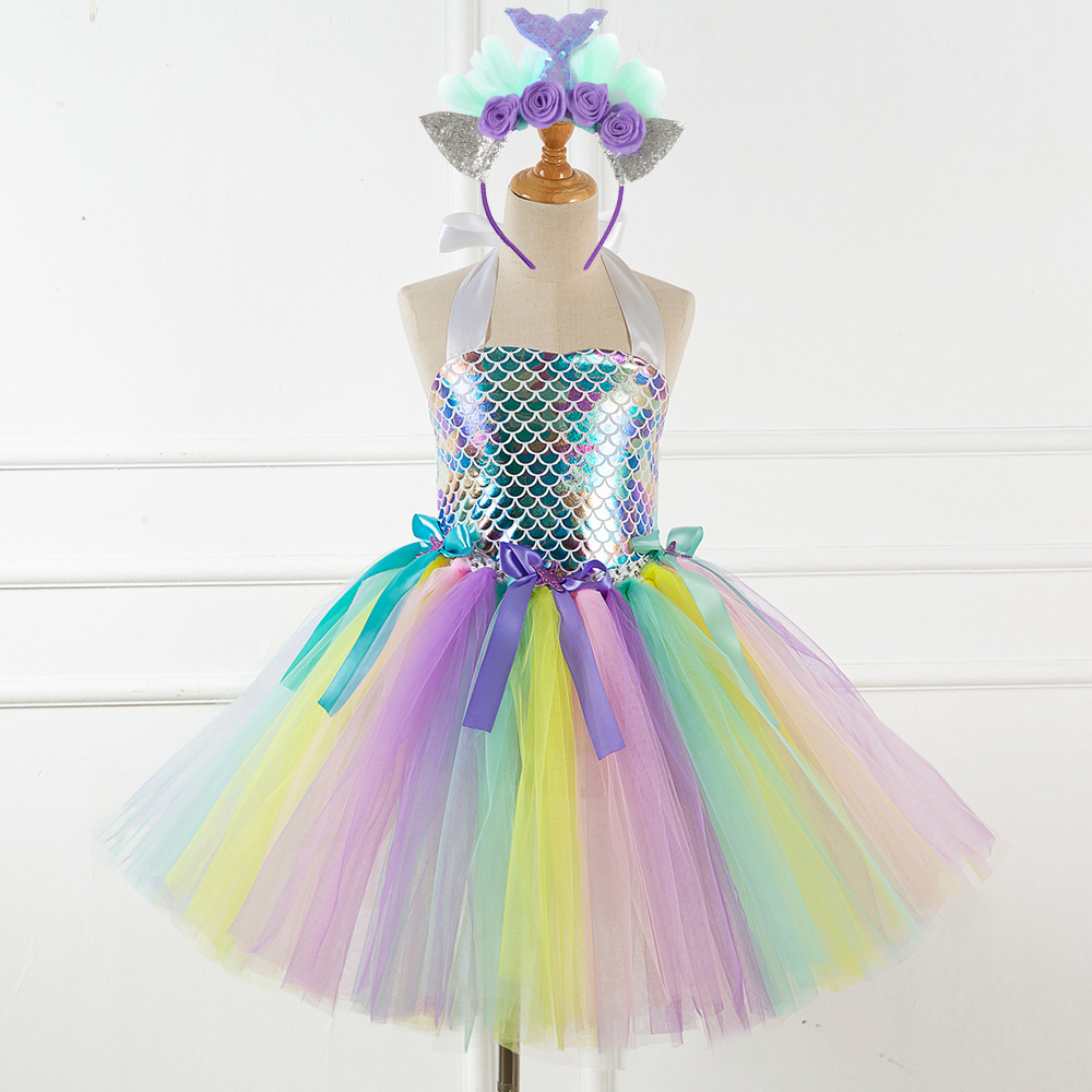 Summer Little Mermaid Prom Carnival Party Cosplay Costume Halloween Sequin Handmade Rainbow Lush Tutu Dress Young Girls Birthday alx