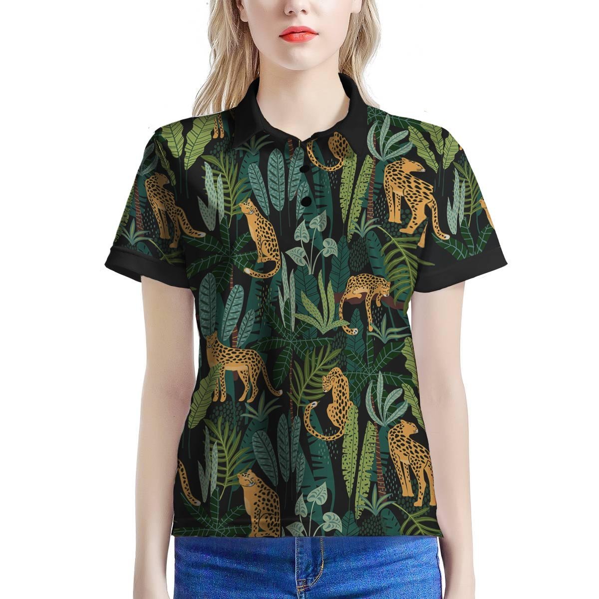 Tropical Leopard Hawaiian Print Women’S Polo Shirt