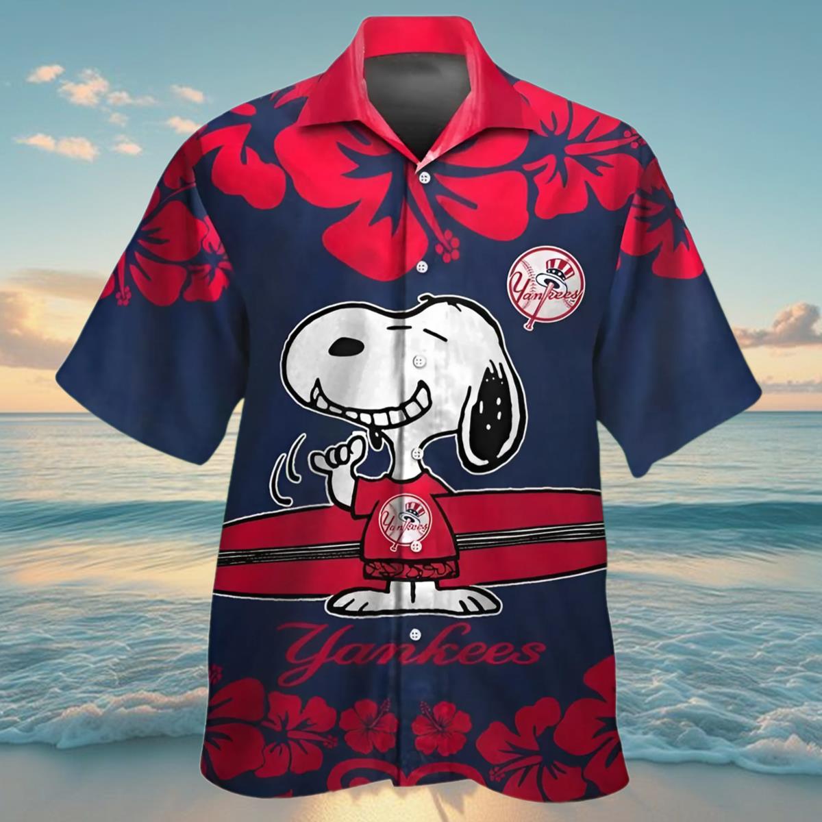 Yankees Hawaiian Shirt Mens Snoopy And Hibiscus Design