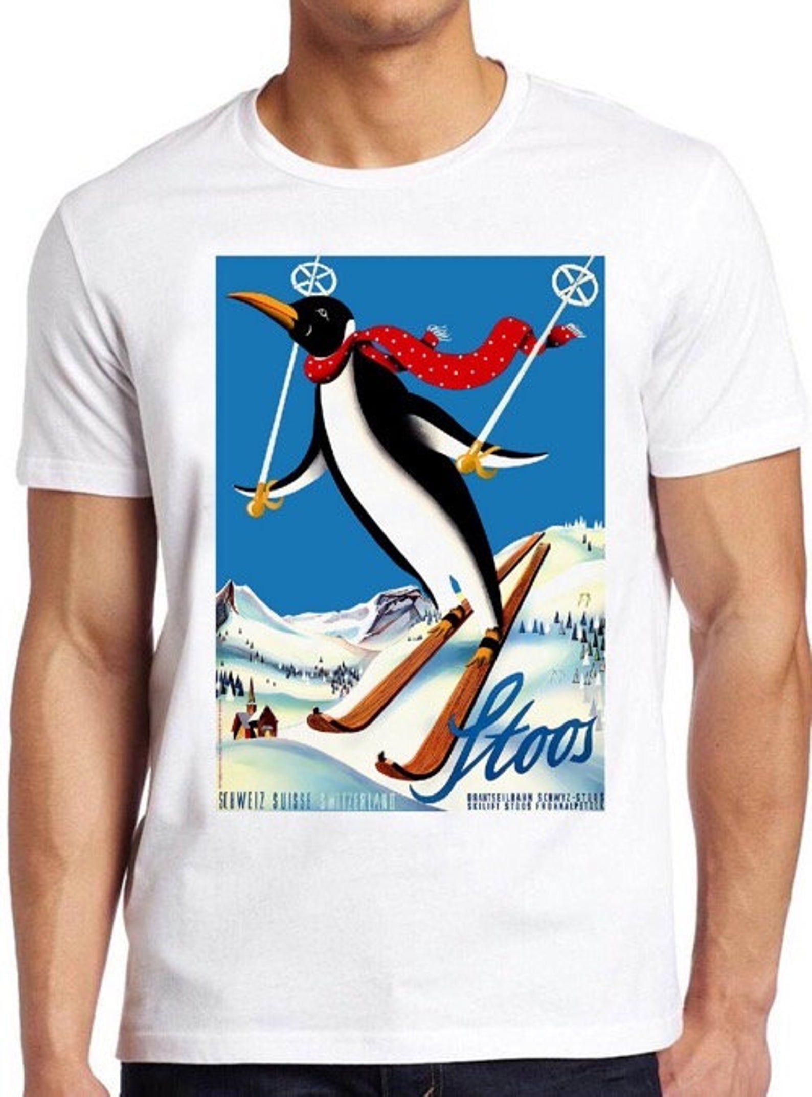 Ski Penguin T Shirt Swiss Alpine Switzerland Travel Poster Cool Gift Tee 304