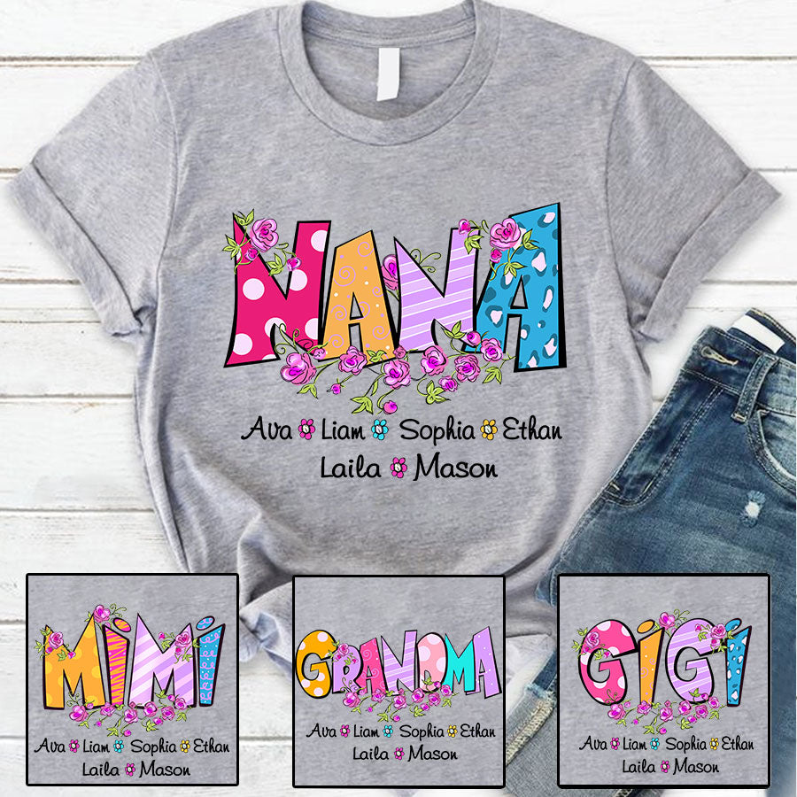 Nana And Grandkids Flower Custom T-Shirt