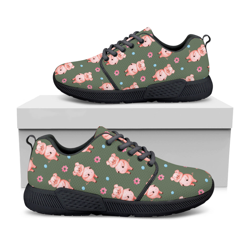 Vintage Pink Pig Pattern Print Black Athletic Shoes