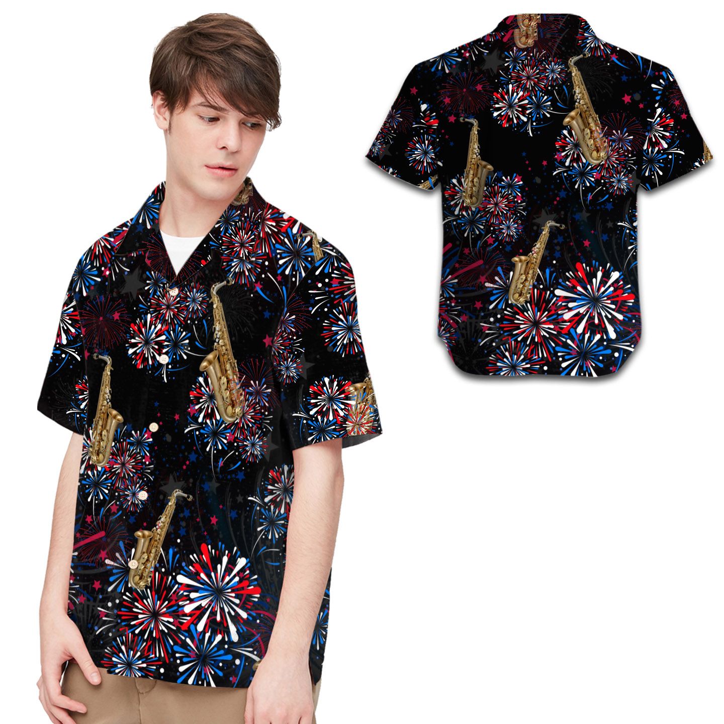 Saxophone American Independence Day Of July Fireworks Men Hawaii Shirt Ha47988