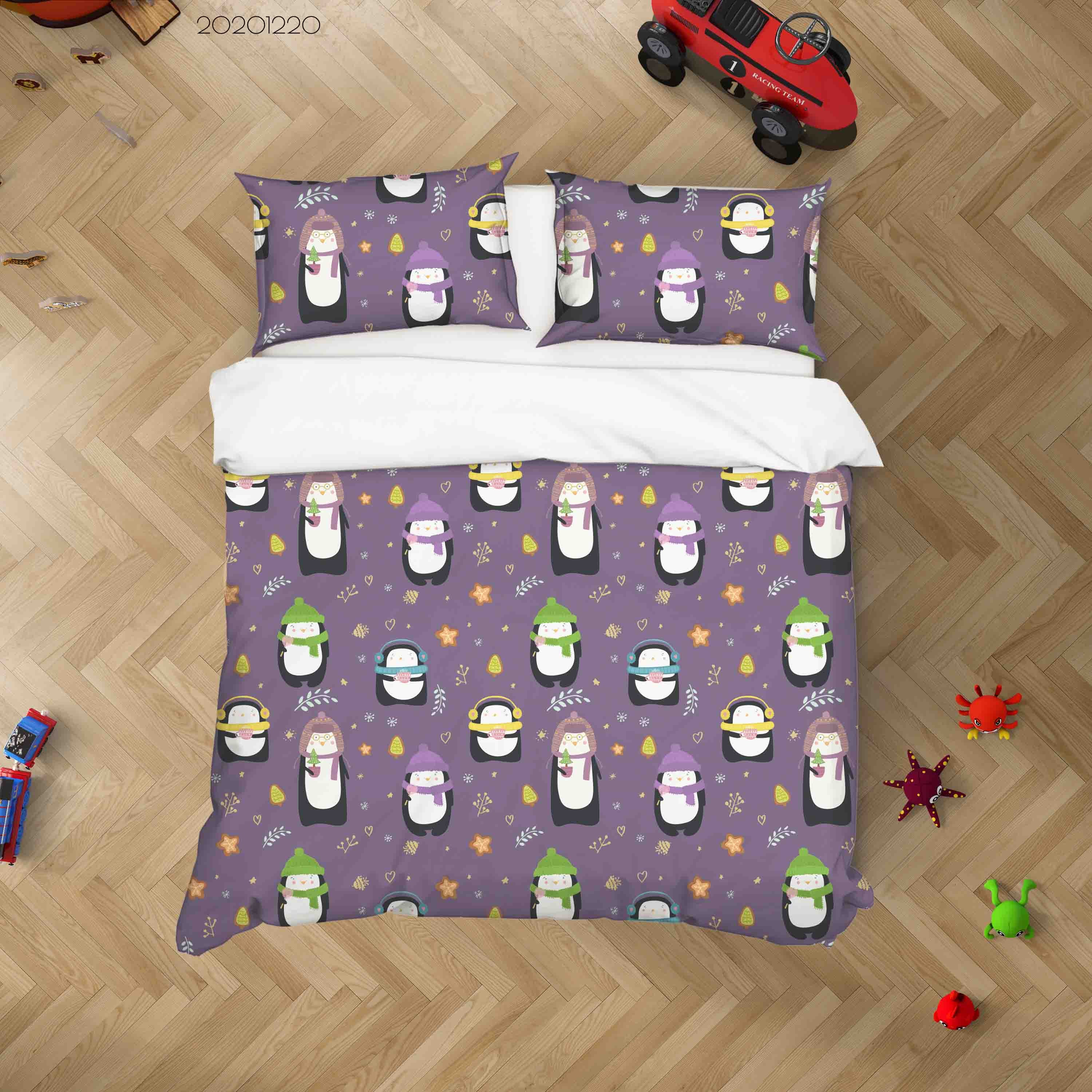 3D Hand Drawn Animal Penguin Purple Quilt Cover Set Bedding Set Duvet Cover Pillowcases 44