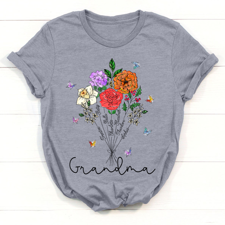 Personalized Grandma And Grandkids Flower T-Shirt