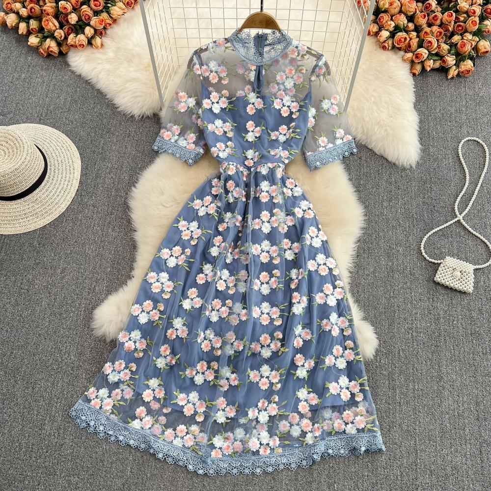 Summer Women’s Dress O Neck Short Sleeve Mesh Embroidery Floral Vintage Office Dress Elegant Evening Party Robe Long Dresses alx