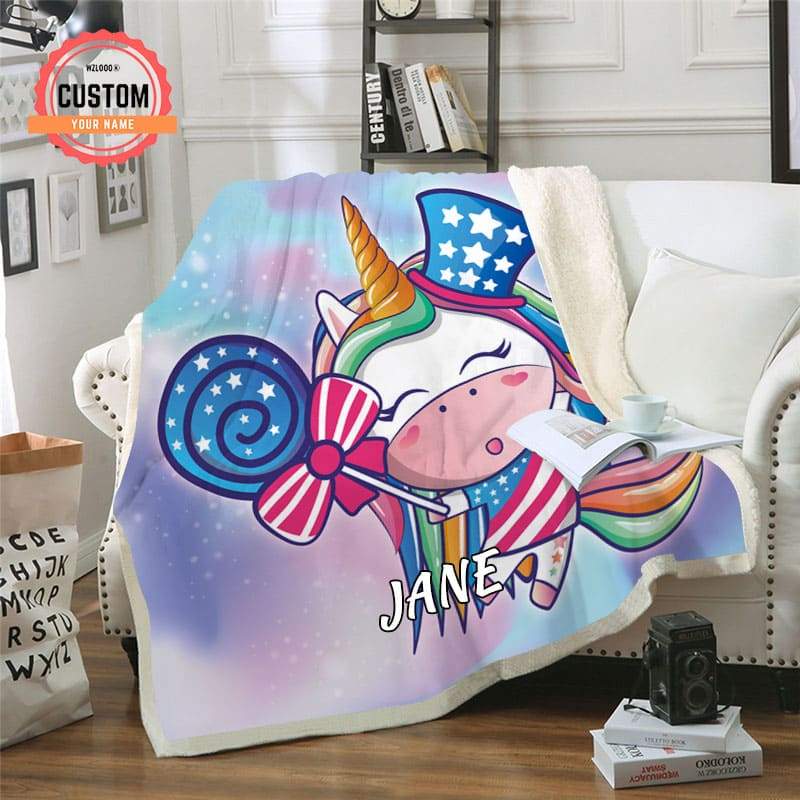 Candy Unicorn Custom Name Plush Fleece Blanket