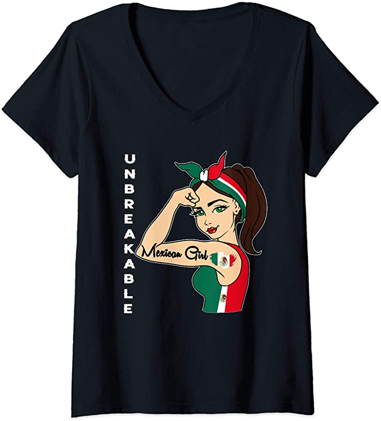 Womens Mexican Girl Unbreakable Tee Mexico Flag strong latina woman V-Neck T-Shirt