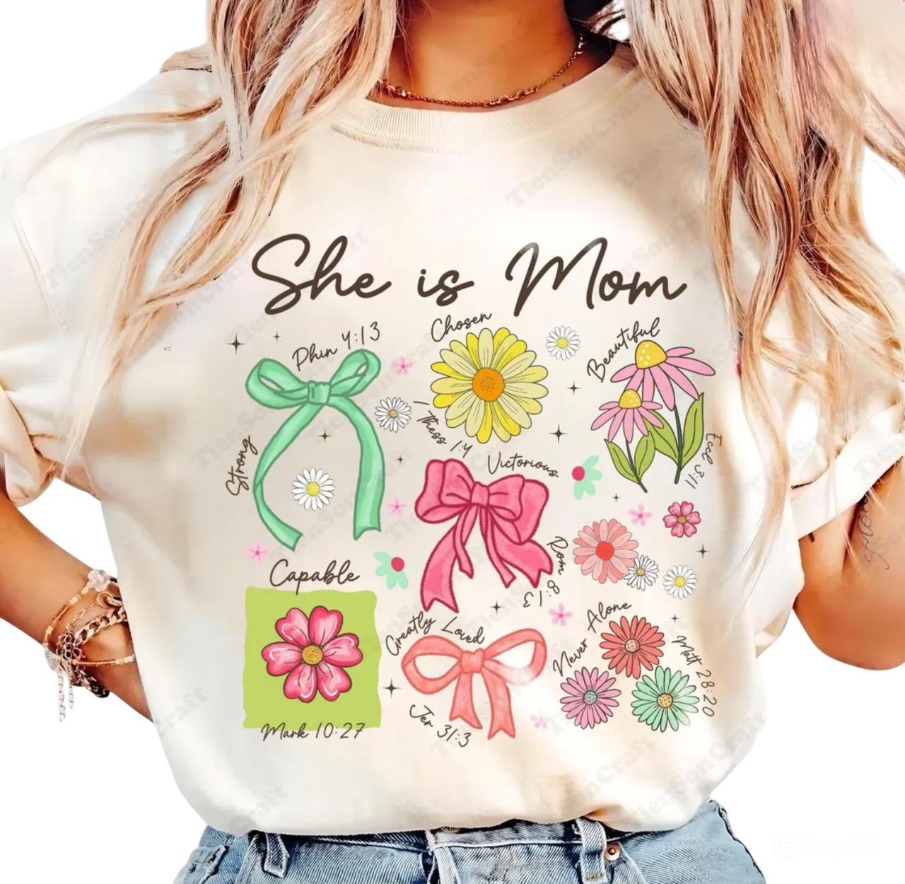 She is Mom Coquette T-Shirt, Christian Mama Shirt, Coquette Bow Mama Shirt, Mom Sweatshirt, Mothers Day Gift, Wildflower Mama Tee, Bible Verses Shirt