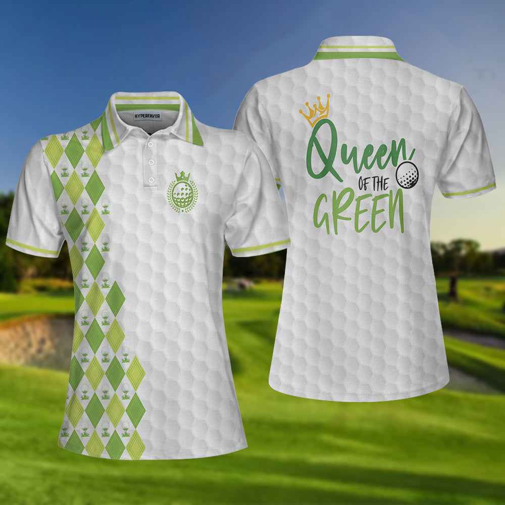 Queen Of The Green Argyle Pattern With Golf Ball On Tee Short Sleeve Women Polo Shirt, White And Green Golf Shirt For Ladies Coolspod