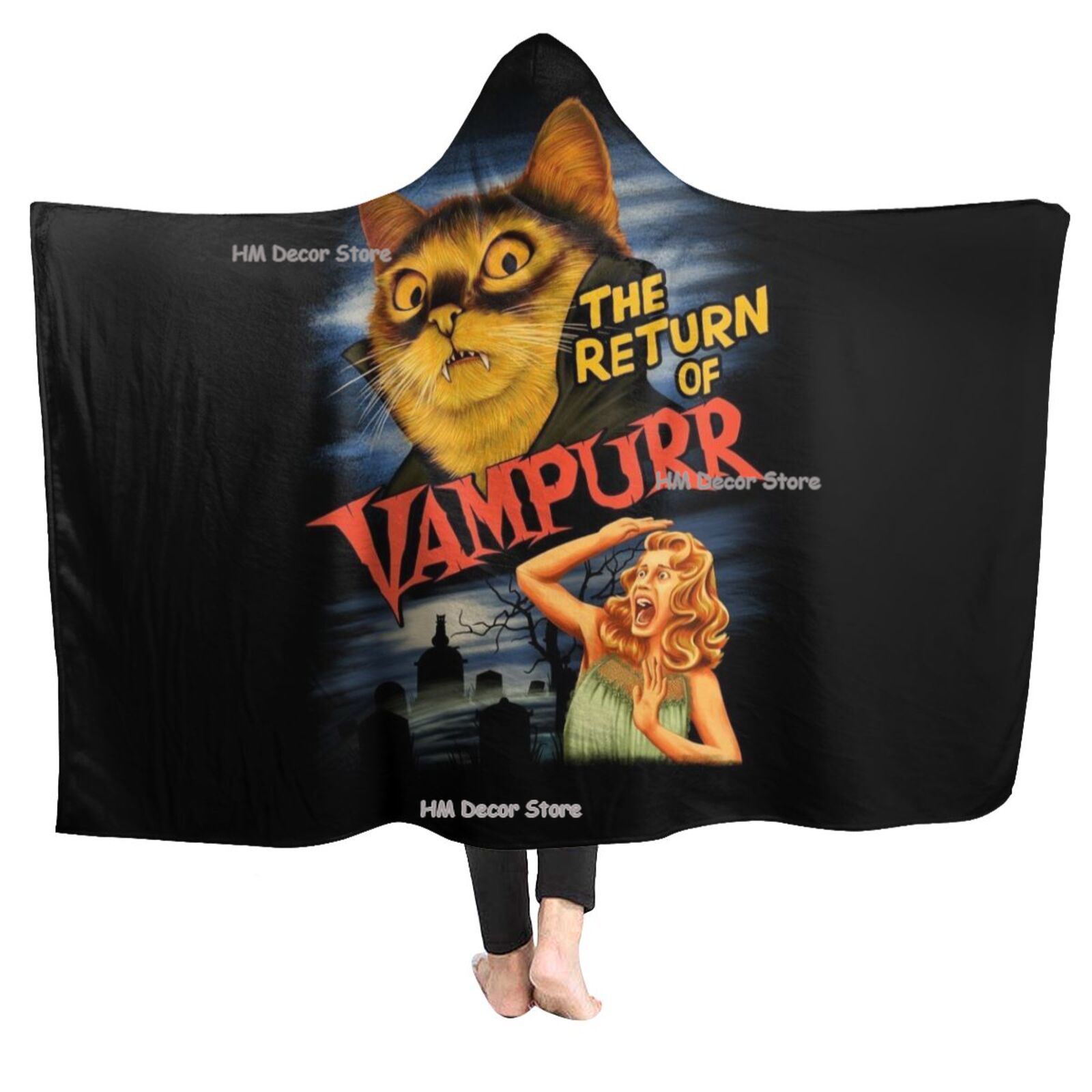 Cat The Return of Vampurr Hooded Blanket Soft Warm Flannel Throw Blanket Horror Halloween Blanket Hoodie King Size Blankets alx