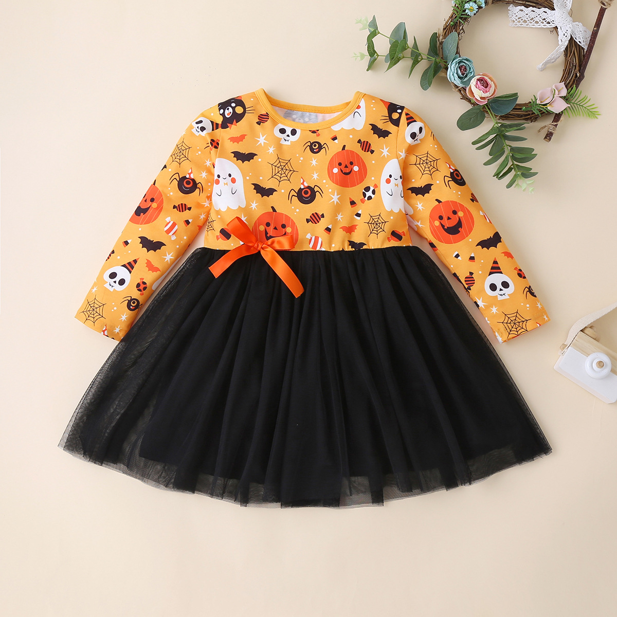 2022 Halloween Girls Chlidren Kids Clothing Milk Silk Pumpkin Ghost Twirl Dress Knee Length Long Sleeve alx