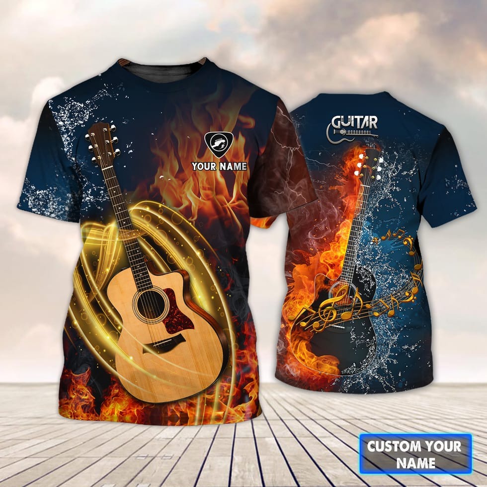 Personalized Acoustic Guitar Water And Fire 3D Tshirt, Guitar Shirts