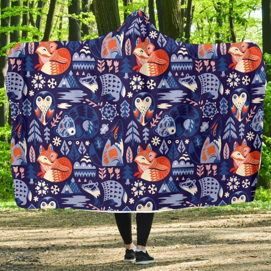 Swedish Animal Pattern Print Hooded Blanket