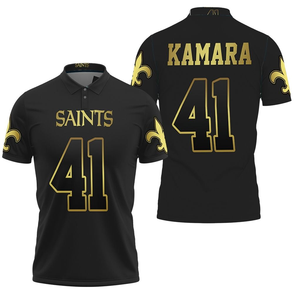 New Orleans Saints 41 Alvin Kamara Black Golden Edition Jersey Inspired Style Polo Shirt