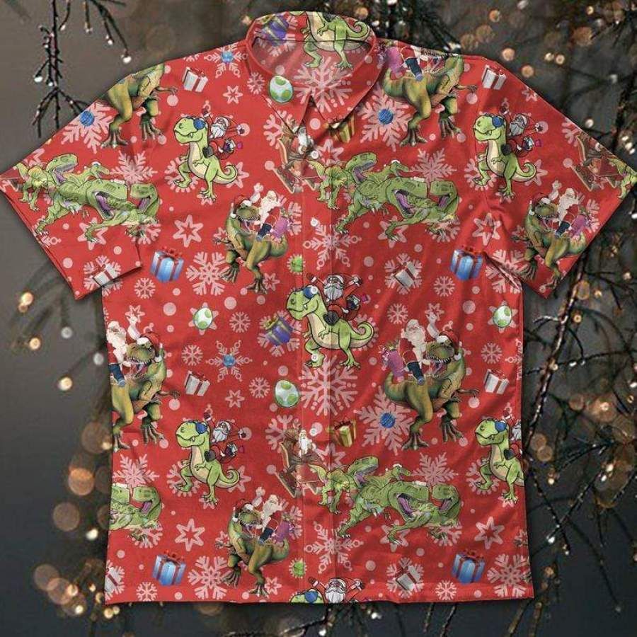 Funny Santa Claws Dinosaur Christmas Hawaii Aloha Shirts Ha108673