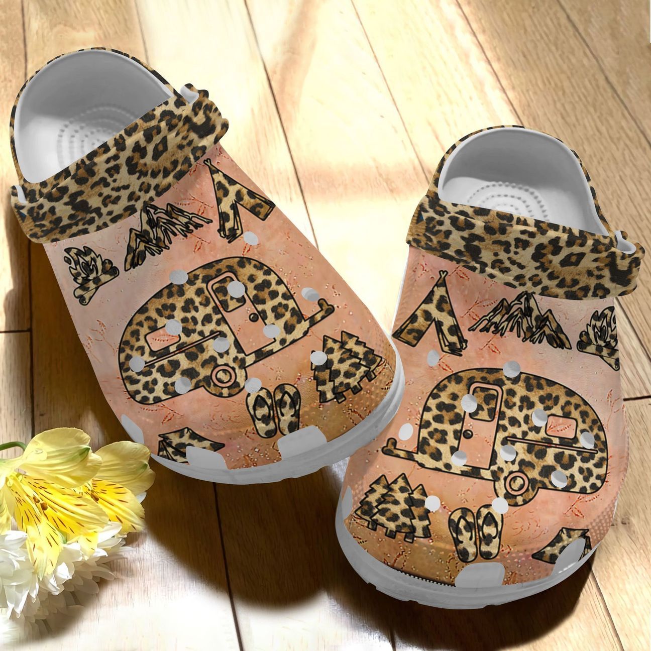 Camping Personalized Clog, Custom Name, Text Leopard Camping Pattern, Fashion Style For Women, Men, Kid, Print 3D