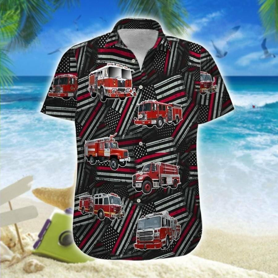 Hawaii Aloha Shirts Fire Truck Firefighter Flag Pattern Ha104490