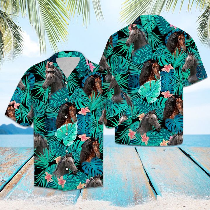 Andalusian Horse Green Tropical Hawaiian Shirt Summer Button Up For Men, Women, Couple