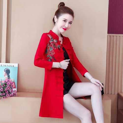 2021 Red Black Improved Slim Flower Embroidered Ladies Single-breasted Dress Chinese Cardigan Disc Peacock Cheongsam for Womens alx