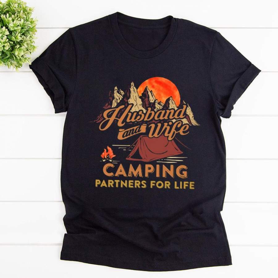 Camping husband and wife camping partners for life black cotton t shirt for men and women S-6XL