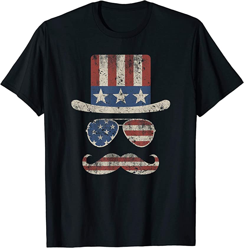 4th of July Hat Glasses Mustache Funny Uncle Sam Vintage USA T-Shirt