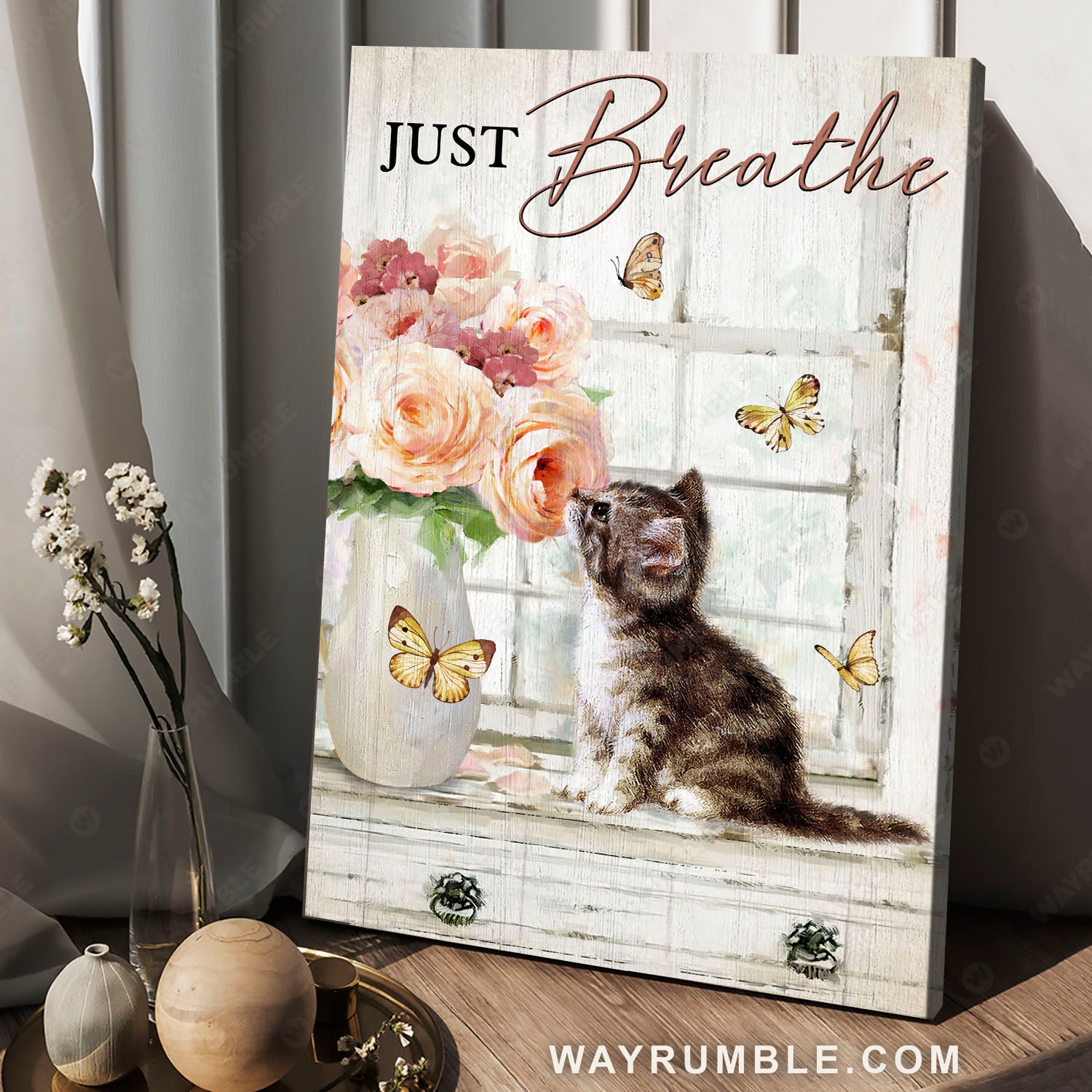 Cute Kitten, Pink Roses, Yellow Butterfly, Just Breathe – Jesus Portrait Canvas Prints, Christian Wall Art