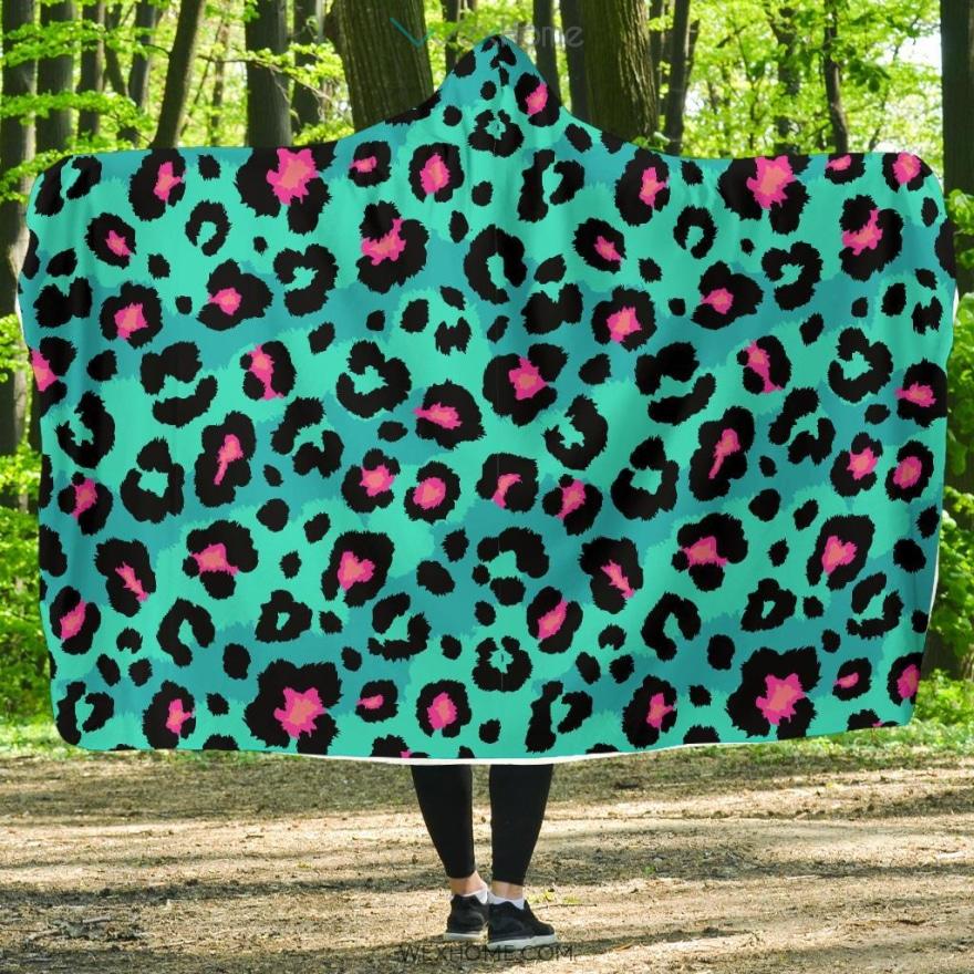 Green Leopard Skin Print Pattern Hooded Blanket