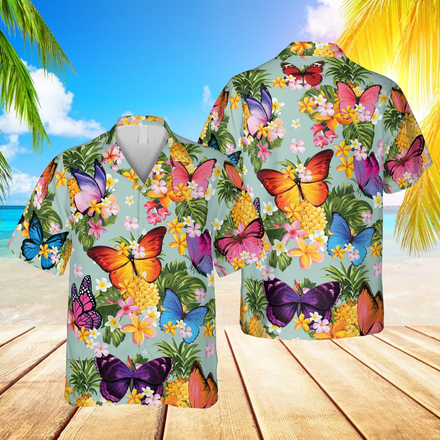 Butterflies And Pineapple Hawaiian Fruits Summer Shirt Ha46268