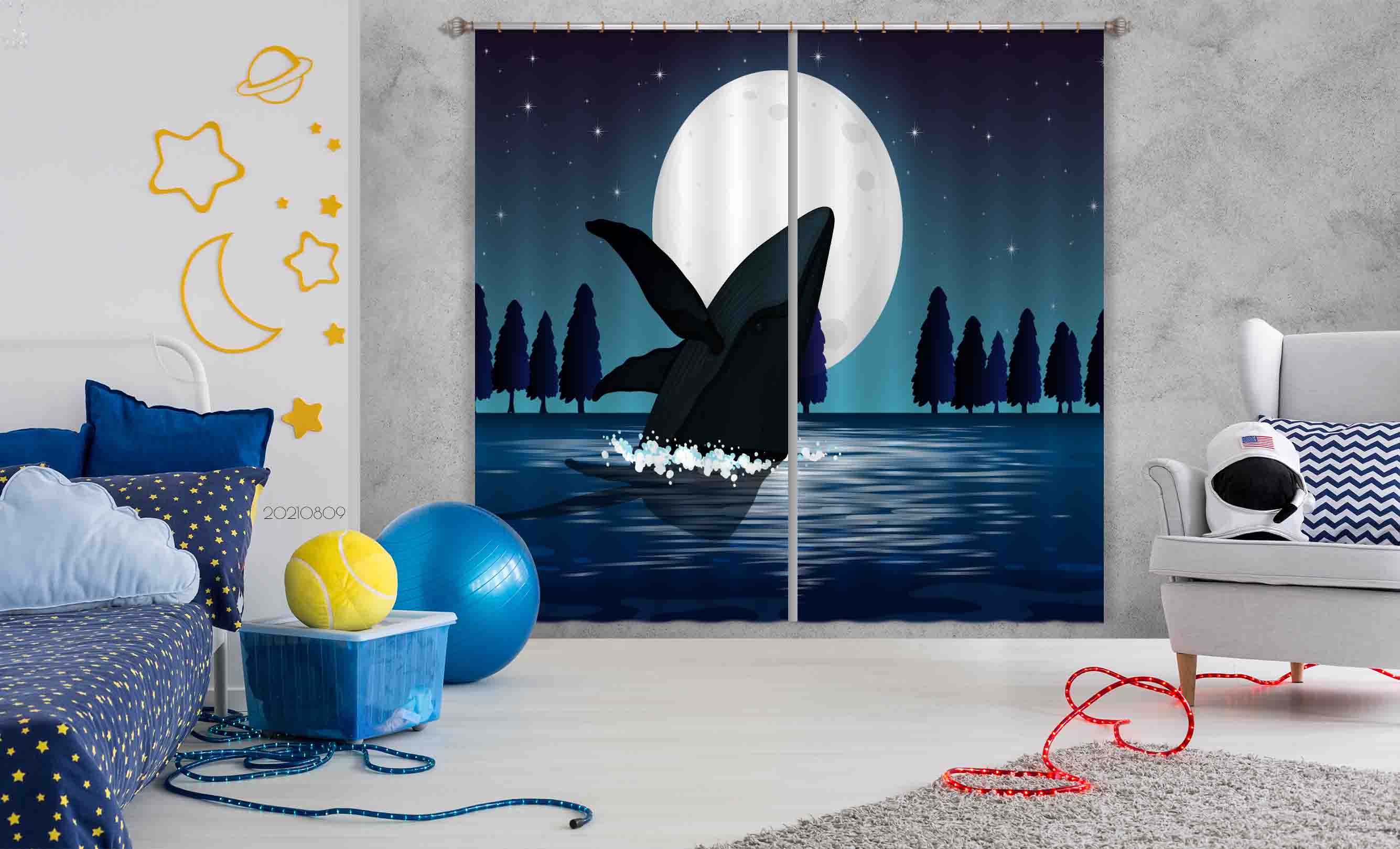 3D Night Sky Moon Forest Sea Whale Curtains And Drapes Lqh 60