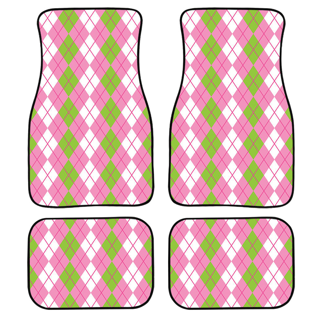 White Pink And Green Argyle Print Front And Back Car Floor Mats, Front Car Mat