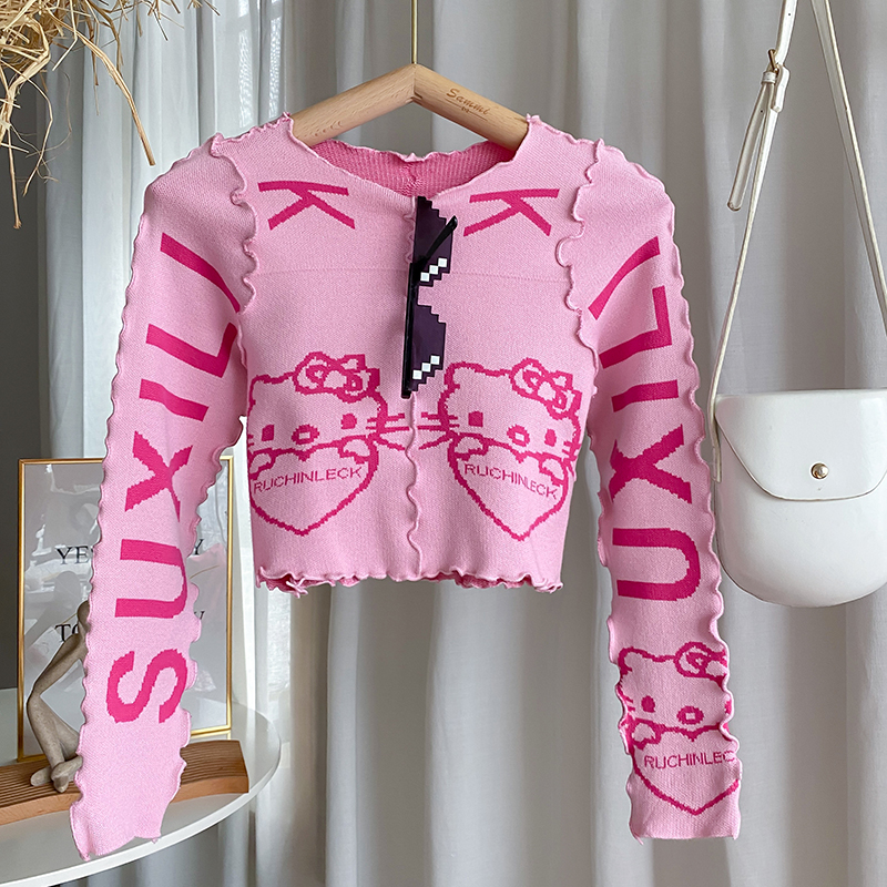 Women Knit O Neck Long Sleeve Sweater Autumn New Vintage Embroidery Cartoon Sueter Mujer 2021 Ruffles Patchwork Japanese Sweater alx