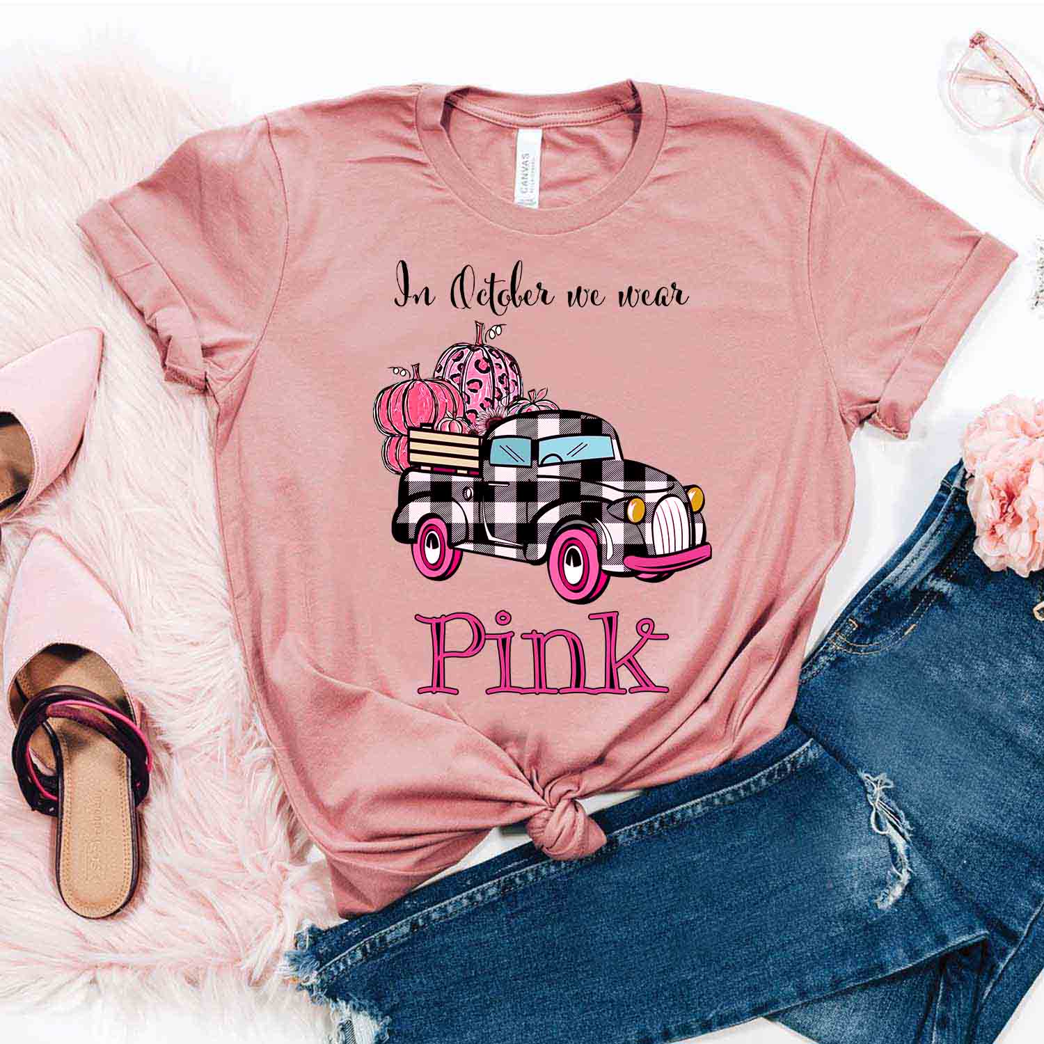 In October We Wear Pink Pumpkin Truck Car Farm Shirt – Breast Cancer Awareness T-Shirt Gifts For Mom Daughter Friends Hoodies Sweater Pink