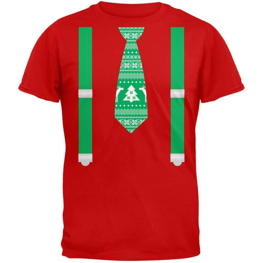 Ugly Christmas Sweater Tie With Suspenders Red Adult T-Shirt