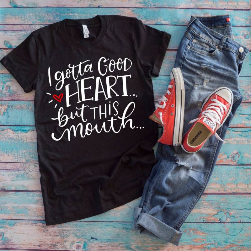 Crushtee I Gotta Good Heart But This Mouth Shirt, Cute T shirt, Womens Shirt, Bella Canvas T Shirt Long Sleeve Hoodie