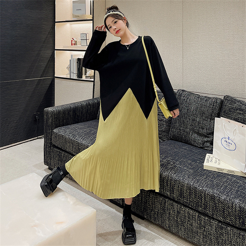 2022 autumn winter new long irregular Mosaic color pleated long sleeve dress alx