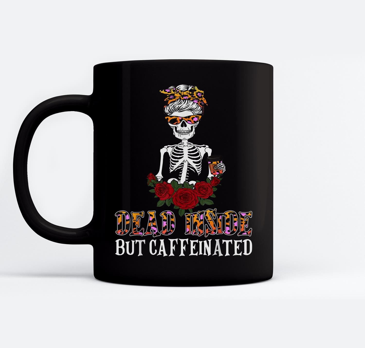 Dead Inside Funny Skeleton Drinking Coffee Leopard Halloween Ceramic Coffee Black Mugs