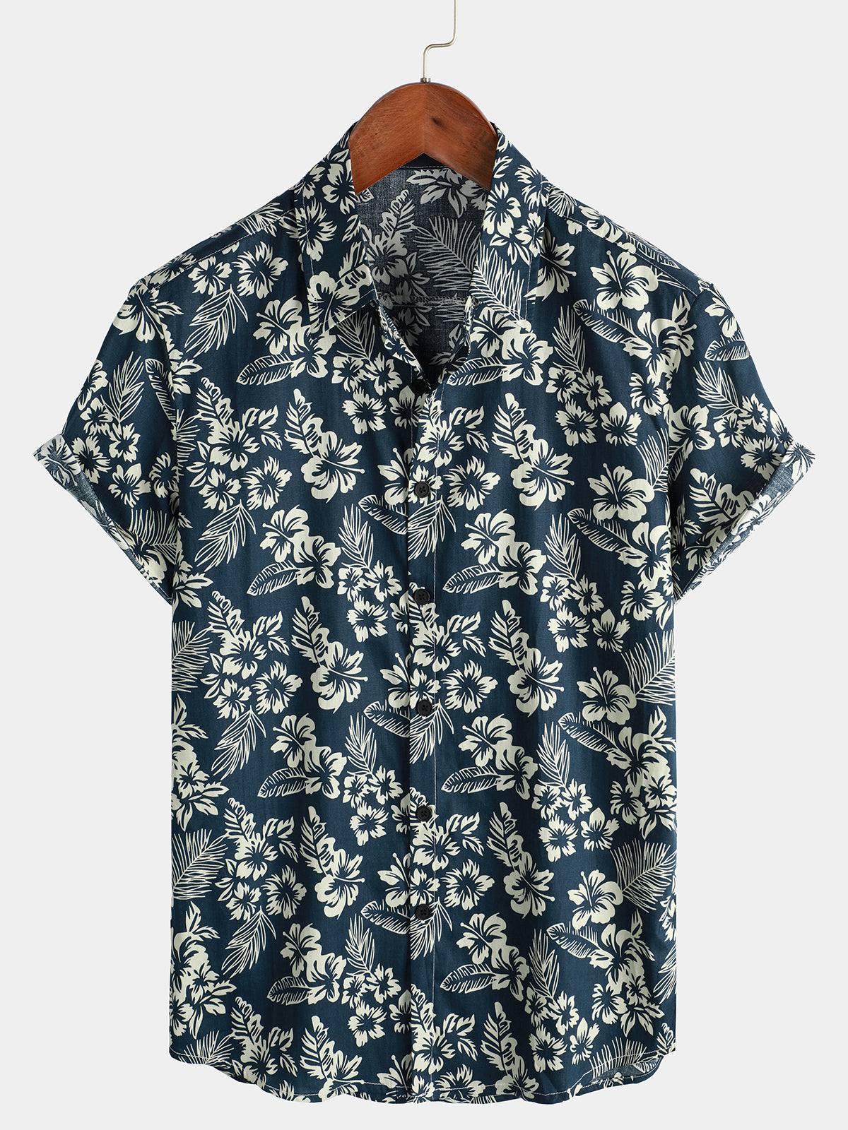 Floral Print Vacation Cotton Breathable Navy Blue Hawaii Short Sleeve Aloha Shirt Ha77087